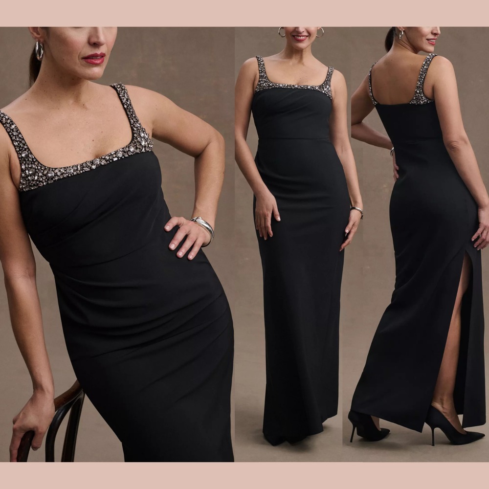 NWT $995 Sachin & Babi [ 14 ] Sam Square Beaded Crepe Column Gown Black‎